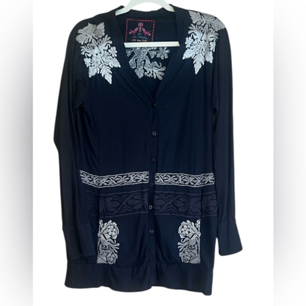 Johnny Was Black Button Front Cardigan with Silver Gray Embroidery